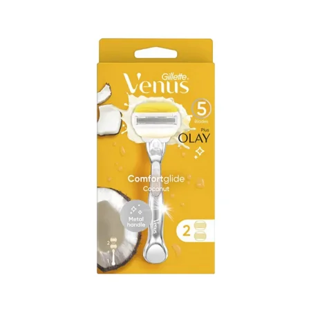 شفرات حلاقة فينوس 5 شفرات مع أولاي بجوز الهند (مقبض معدني + 2 رؤوس) | Gillette Venus 5 Blades + Olay Comfortglide Coconut