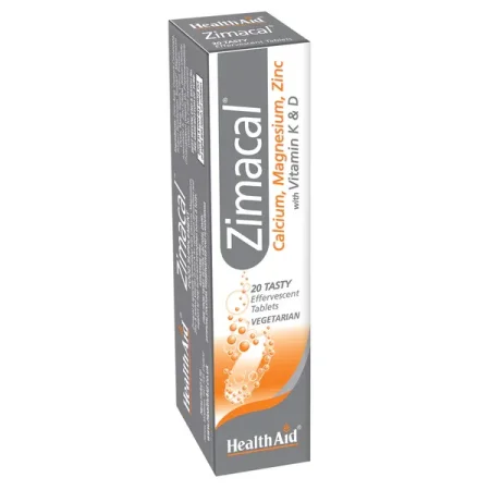 حبوب فوار زيماكال هيلث إيد بالكالسيوم، المغنيسيوم والزنك (20 قرص فوار) | HealthAid Zimacal Calcium, Magnesium, Zinc with Vitamin K & D (20 Effervescent Tablets)